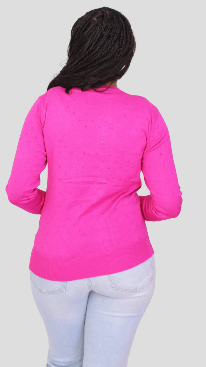 The Fashion Frenzy Pointelle Button Through Knit Cardigan – Fuchsia