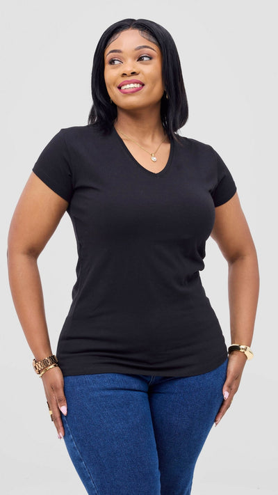 The Fashion Frenzy V - neck Short Sleeved Top - Black - Shopzetu