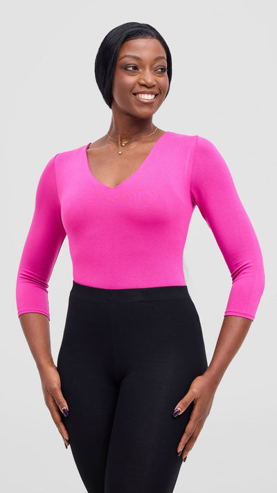Vivo Basic 3/4 Sleeved Double Layered Bodysuit - Pink - Shopzetu