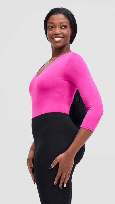 Vivo Basic 3/4 Sleeved Double Layered Bodysuit - Pink - Shopzetu