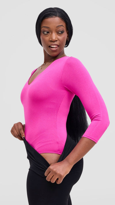 Vivo Basic 3/4 Sleeved Double Layered Bodysuit - Pink - Shopzetu