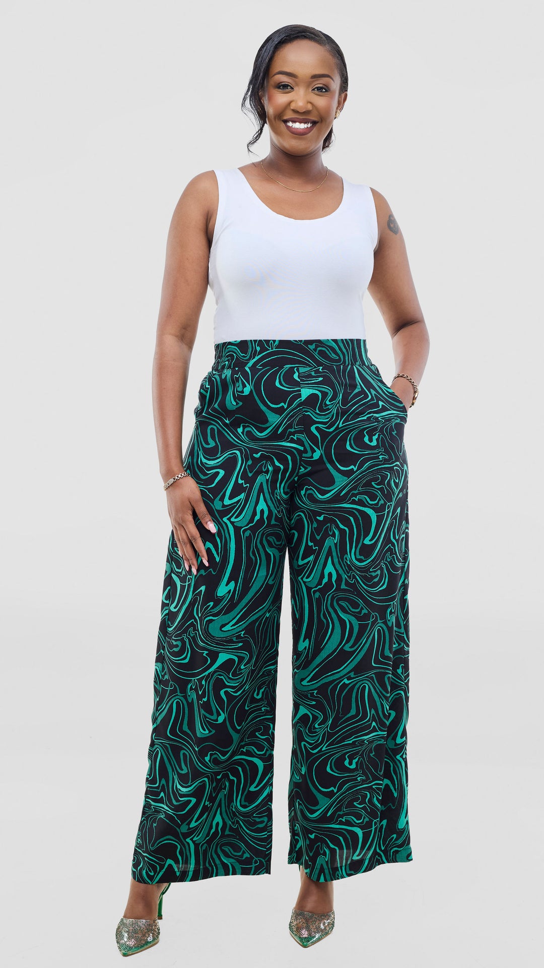 Vivo Samira Pants in Rayon - Black / Green Print