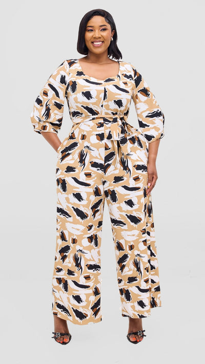 Vivo Zahari Sweatheart Neck Jumpsuit - Taupe / White Print - Shopzetu