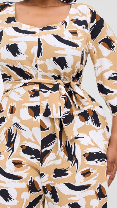 Vivo Zahari Sweatheart Neck Jumpsuit - Taupe / White Print - Shopzetu