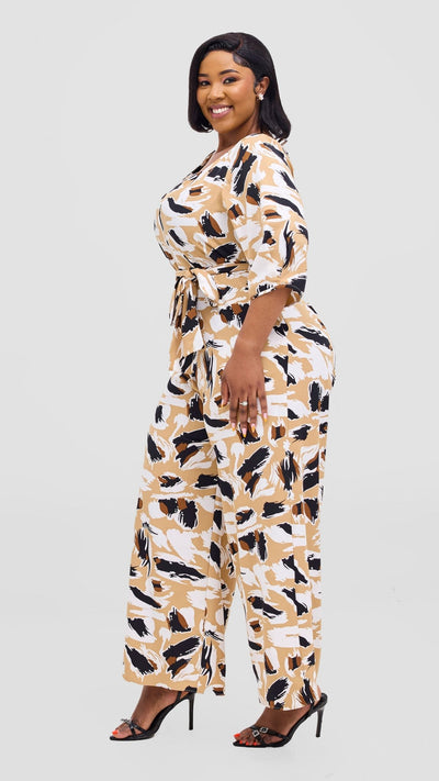 Vivo Zahari Sweatheart Neck Jumpsuit - Taupe / White Print - Shopzetu
