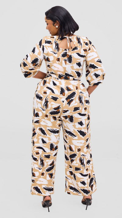 Vivo Zahari Sweatheart Neck Jumpsuit - Taupe / White Print - Shopzetu