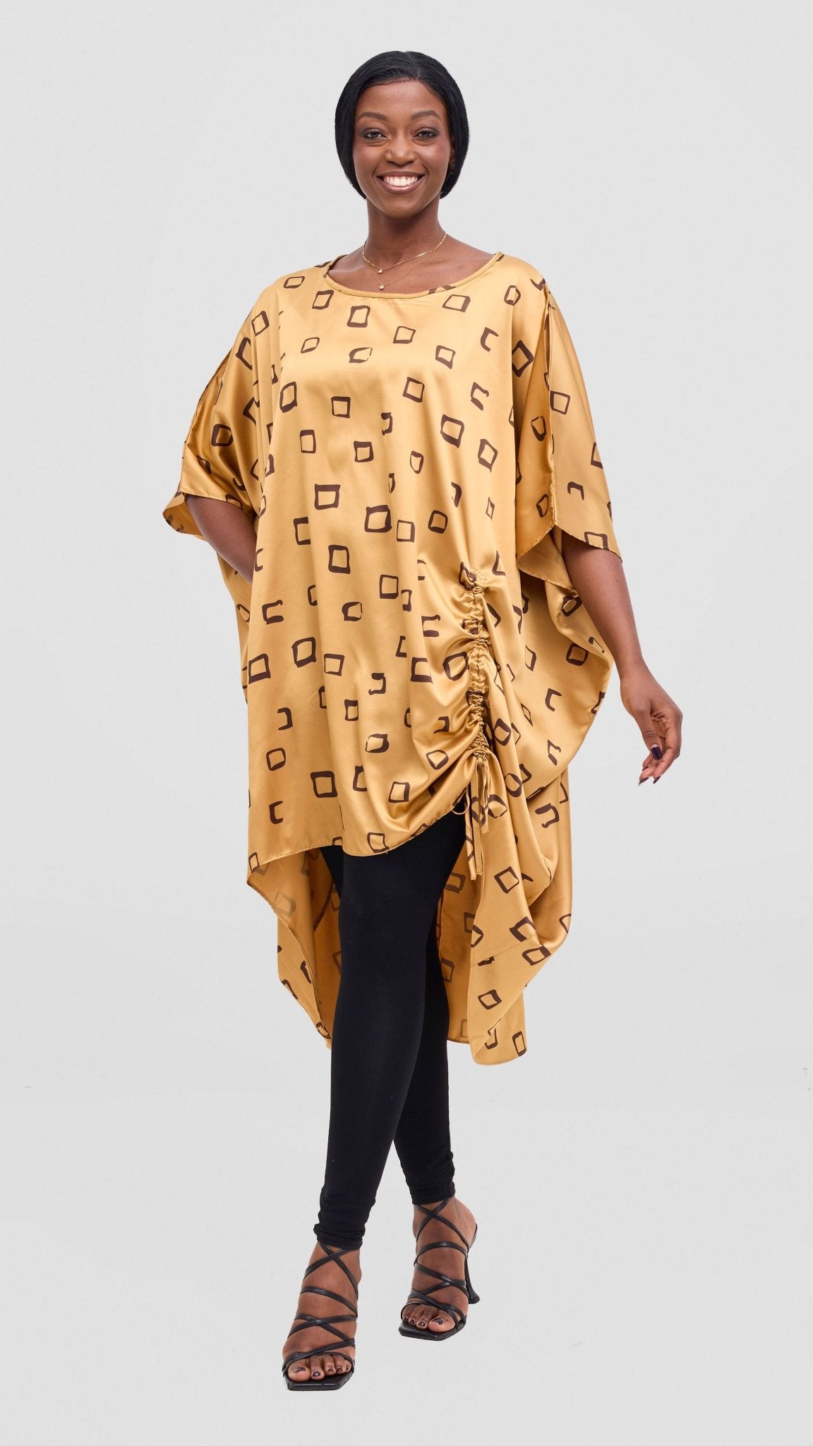 Vivo Samira Drawstring Top - Dark Brown / Light Mustard Nita Print - Shopzetu