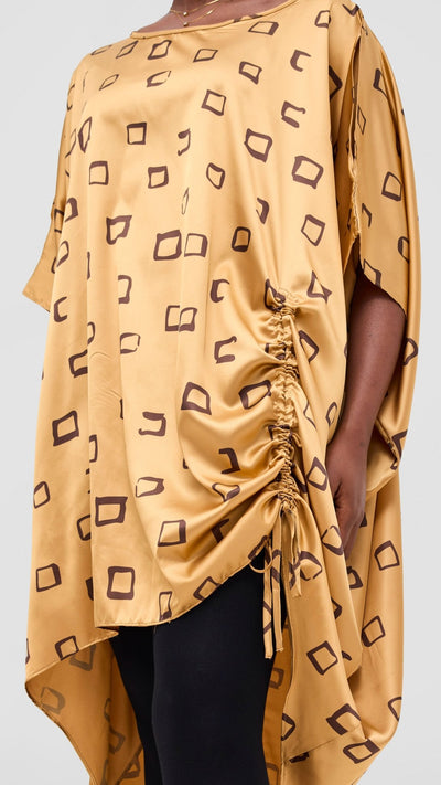 Vivo Samira Drawstring Top - Dark Brown / Light Mustard Nita Print - Shopzetu