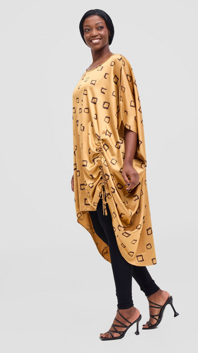 Vivo Samira Drawstring Top - Dark Brown / Light Mustard Nita Print - Shopzetu