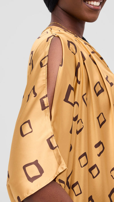 Vivo Samira Drawstring Top - Dark Brown / Light Mustard Nita Print - Shopzetu
