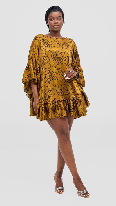 Vivo Chidii Tunic Dress With Frills - Black / Gold Print - Shopzetu