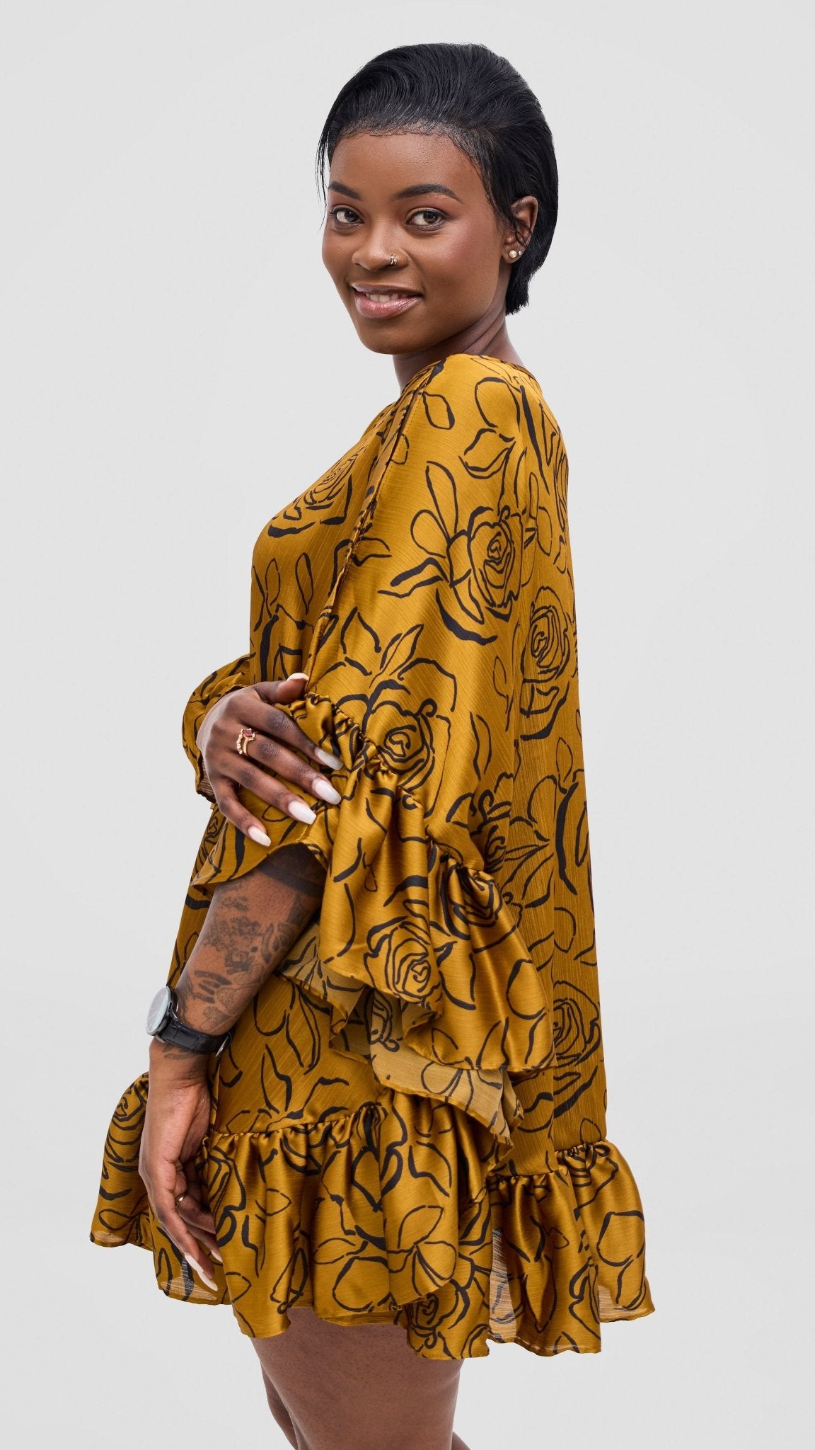 Vivo Chidii Tunic Dress With Frills - Black / Gold Print - Shopzetu