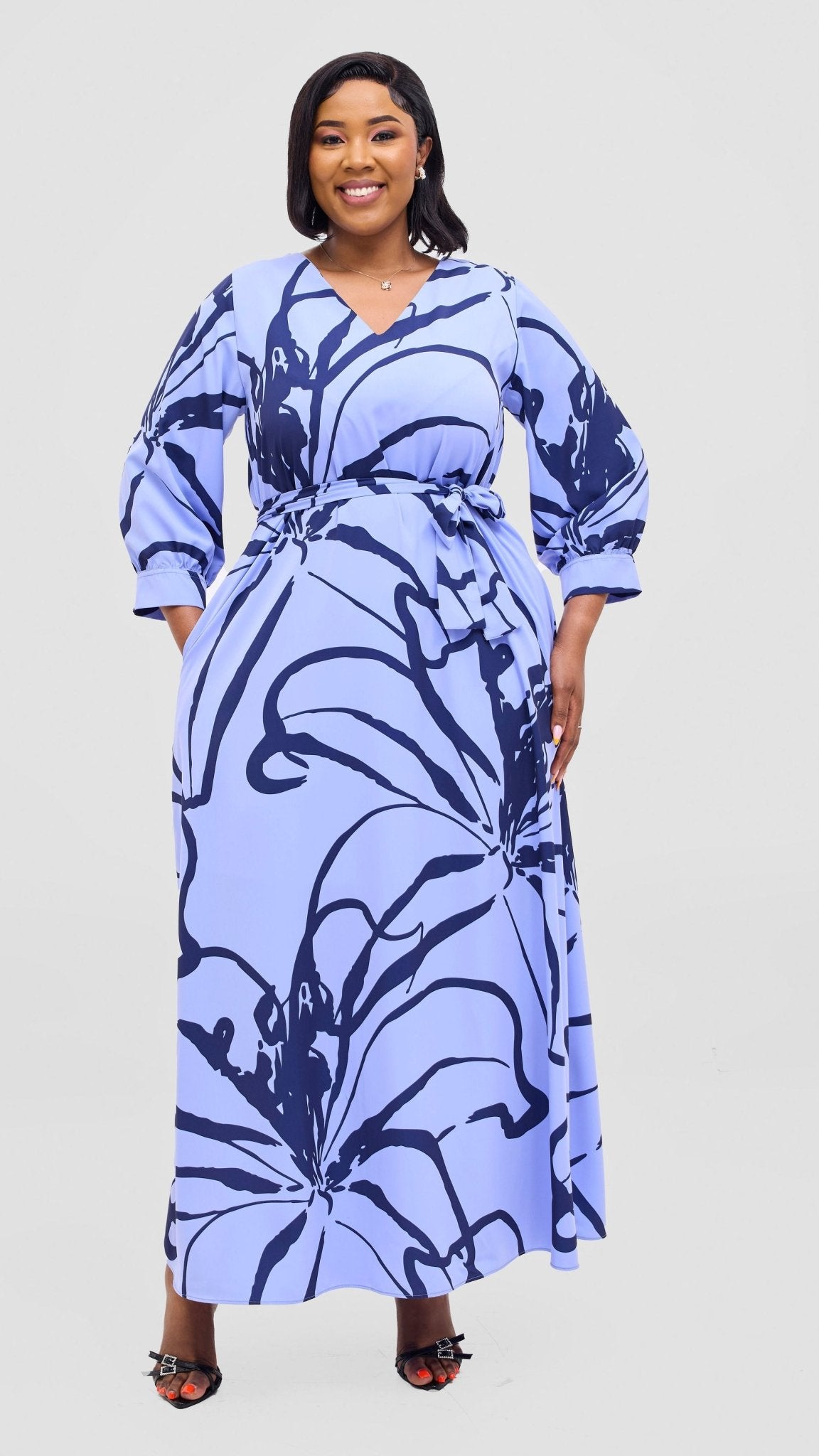 Vivo Hadiya Tie Maxi Dress - Light Blue / Black Luwe Print - Shopzetu