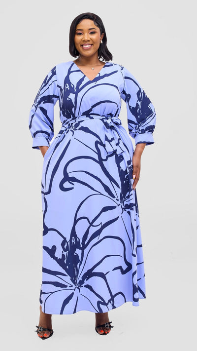 Vivo Hadiya Tie Maxi Dress - Light Blue / Black Luwe Print - Shopzetu