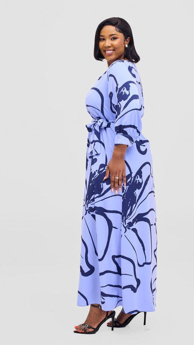 Vivo Hadiya Tie Maxi Dress - Light Blue / Black Luwe Print - Shopzetu