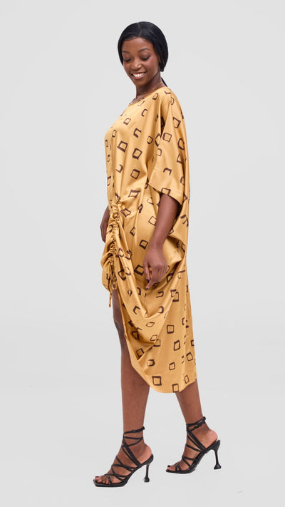 Vivo Samira Drawstring Top - Dark Brown / Light Mustard Nita Print - Shopzetu