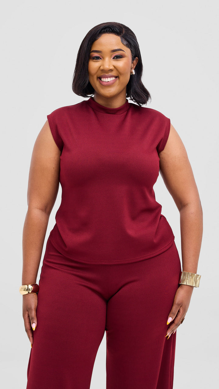 Vivo Selah Mock Neck Top in Stretch Rib - Maroon