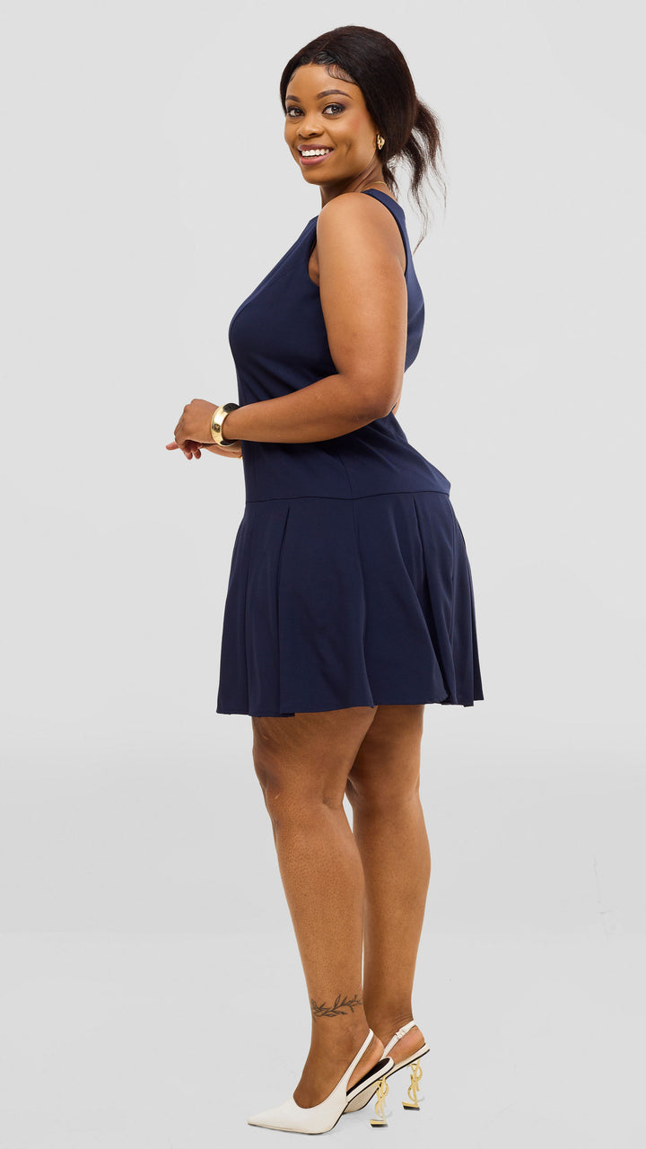 Vivo Niari Pleated Dress In Crepe - Navy