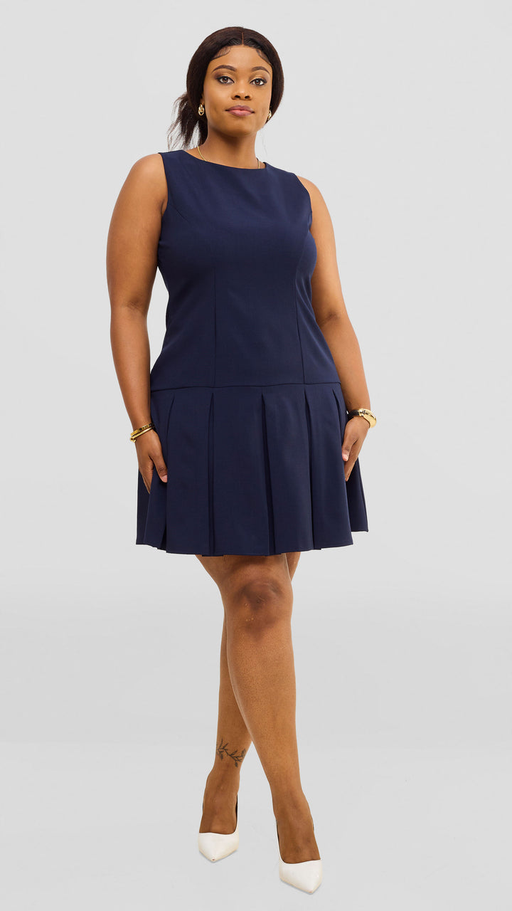 Vivo Niari Pleated Dress In Crepe - Navy