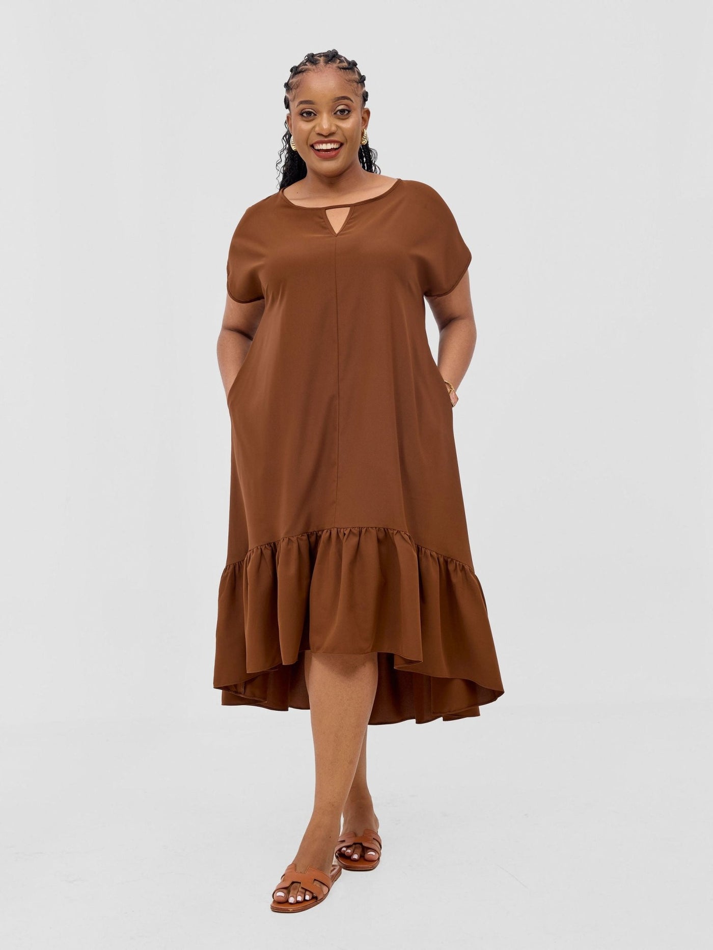 Vivo Esna Drop Shoulder High Low Dress - Brown - Shopzetu
