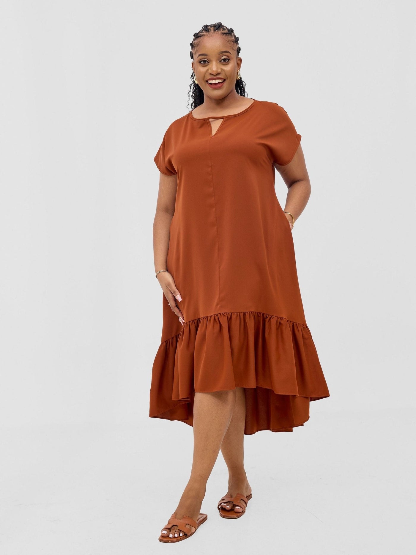 Vivo Esna Drop Shoulder High Low Dress - Rust - Shopzetu