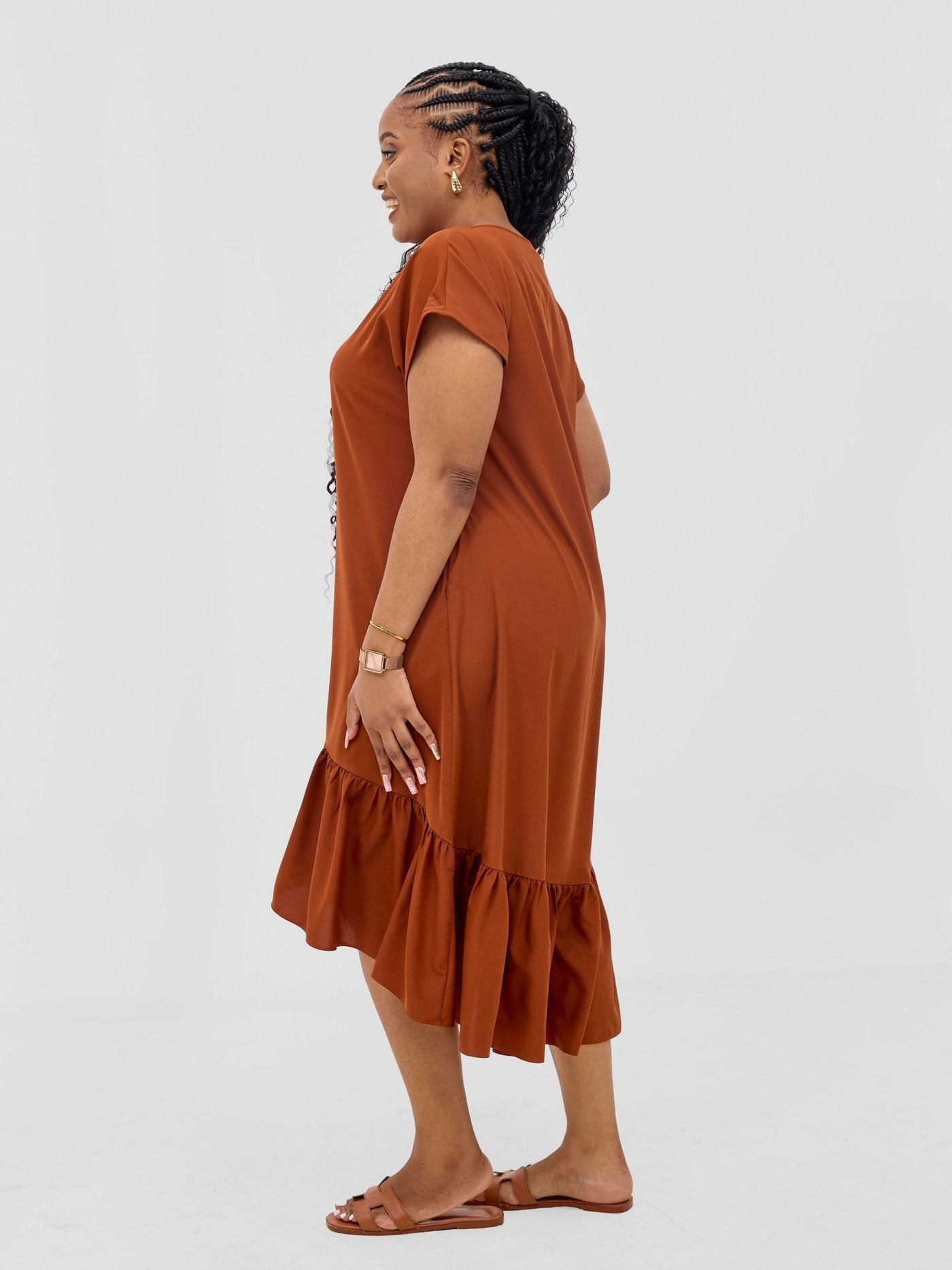 Vivo Esna Drop Shoulder High Low Dress - Rust - Shopzetu