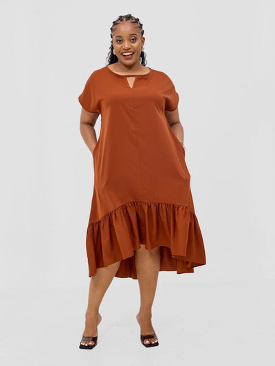 Vivo Esna Drop Shoulder High Low Dress - Rust - Shopzetu