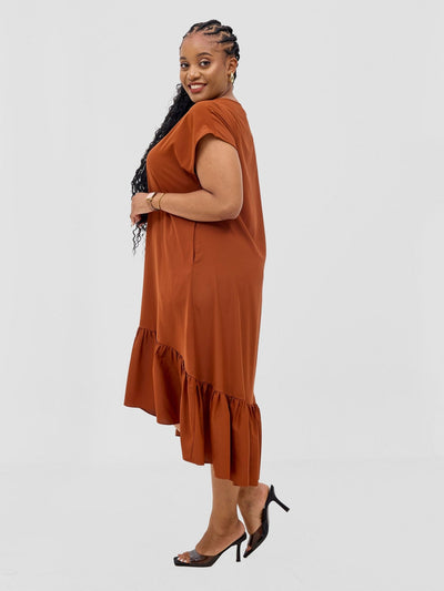 Vivo Esna Drop Shoulder High Low Dress - Rust - Shopzetu
