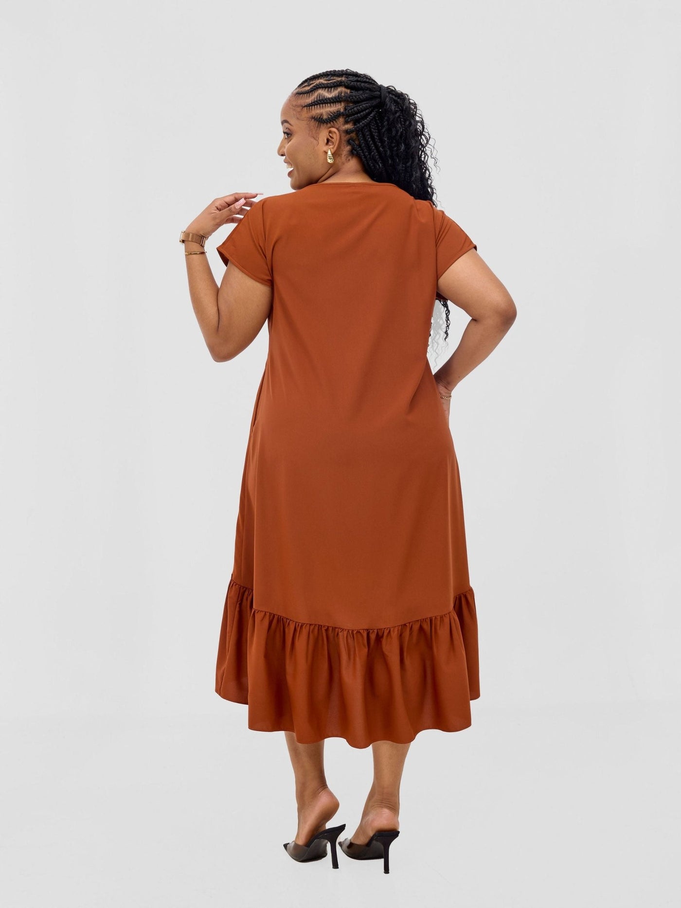 Vivo Esna Drop Shoulder High Low Dress - Rust - Shopzetu