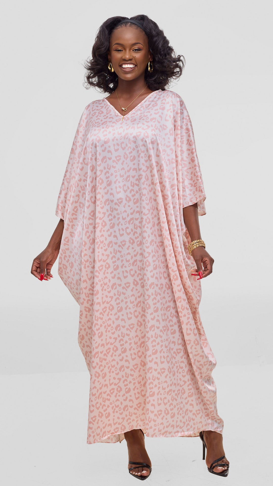 Vivo Keza V Neck Maxi Kaftan In Satin - Coral / Pink Print