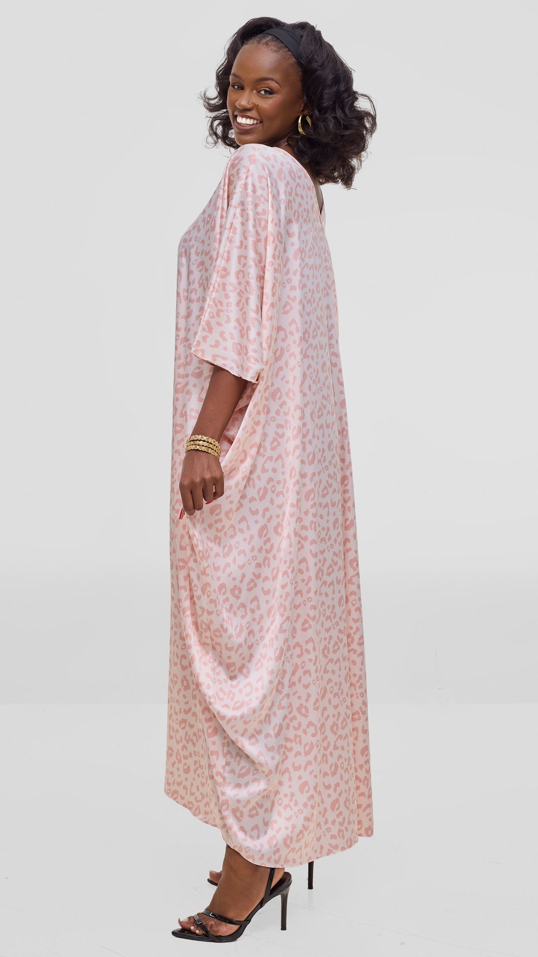 Vivo Keza V Neck Maxi Kaftan In Satin - Coral / Pink Print