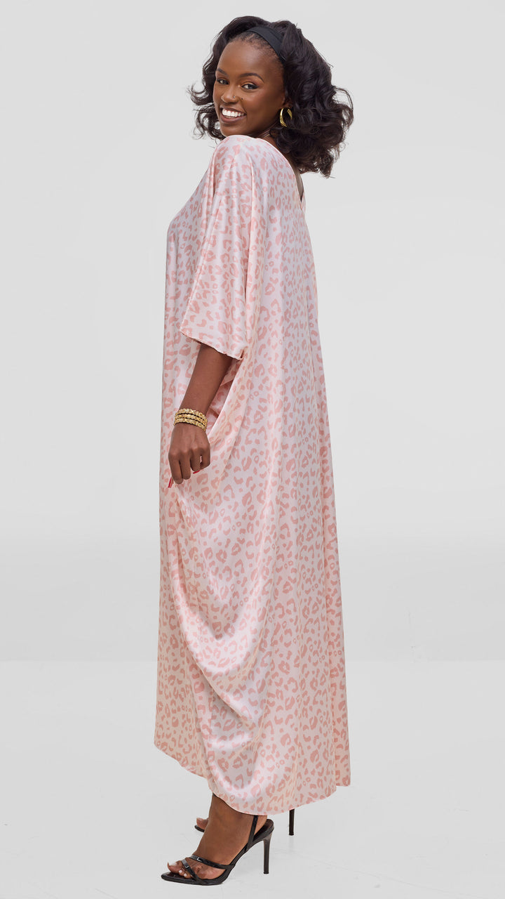 Vivo Keza V Neck Maxi Kaftan In Satin - Coral / Pink Print