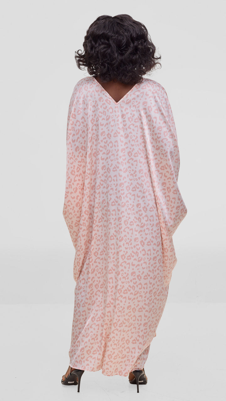 Vivo Keza V Neck Maxi Kaftan In Satin - Coral / Pink Print