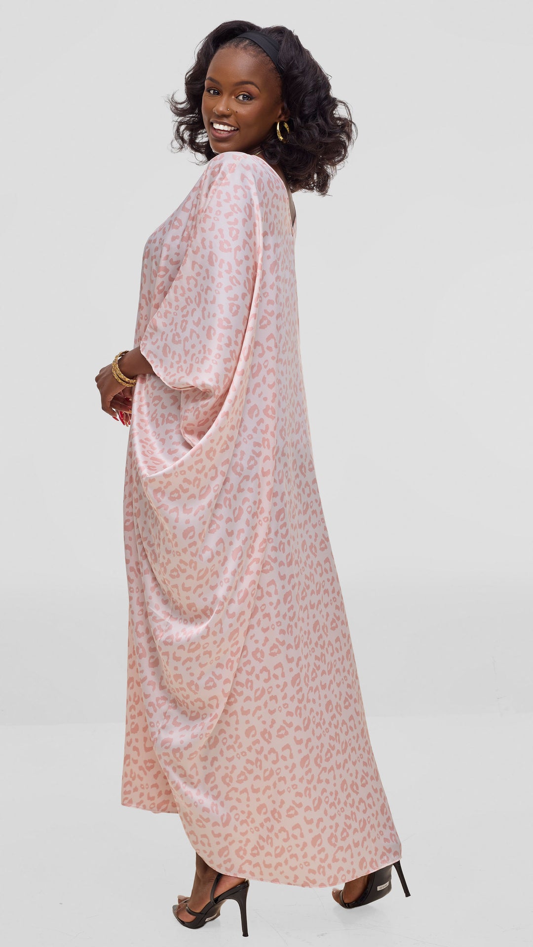 Vivo Keza V Neck Maxi Kaftan In Satin - Coral / Pink Print