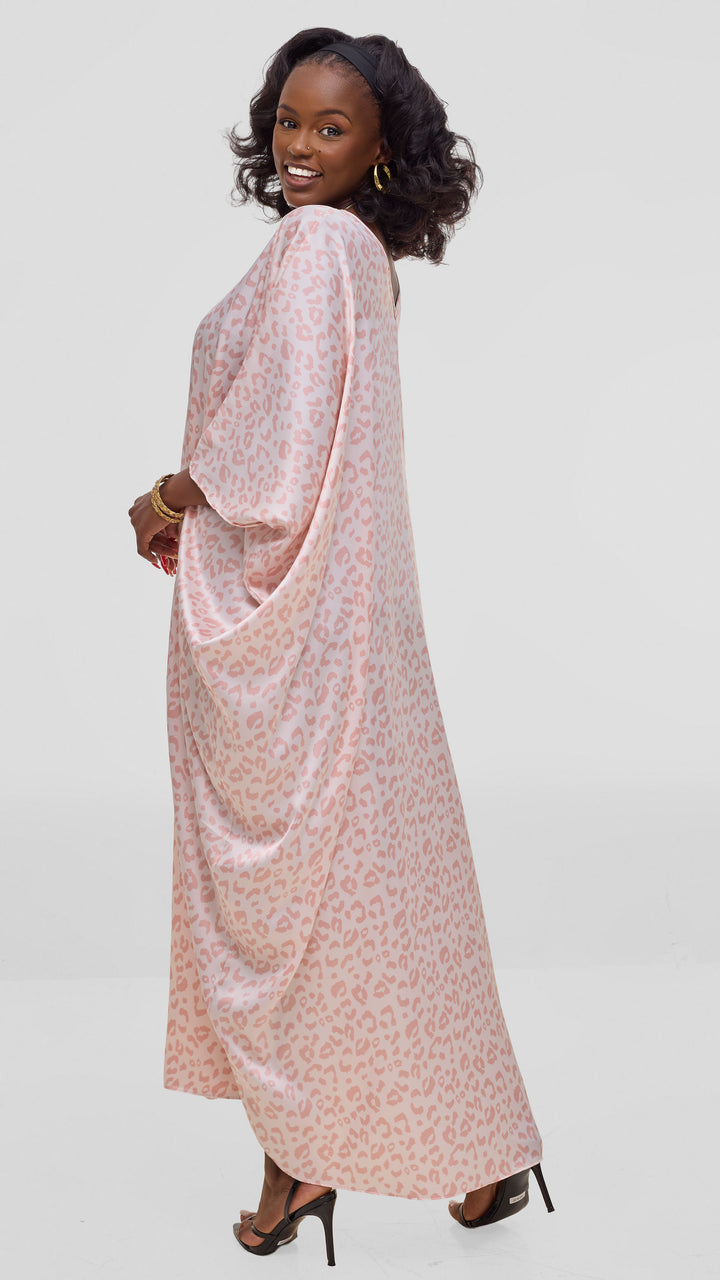 Vivo Keza V Neck Maxi Kaftan In Satin - Coral / Pink Print