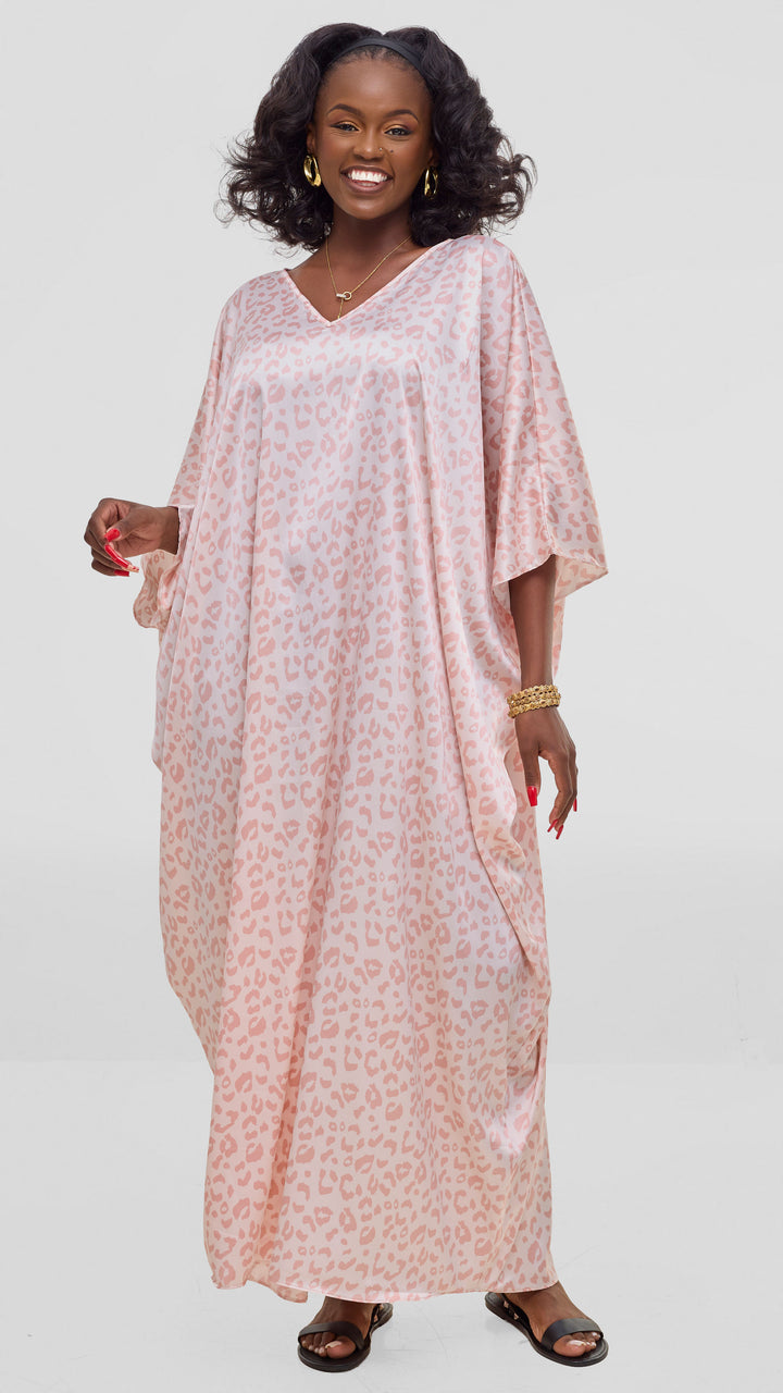Vivo Keza V Neck Maxi Kaftan In Satin - Coral / Pink Print