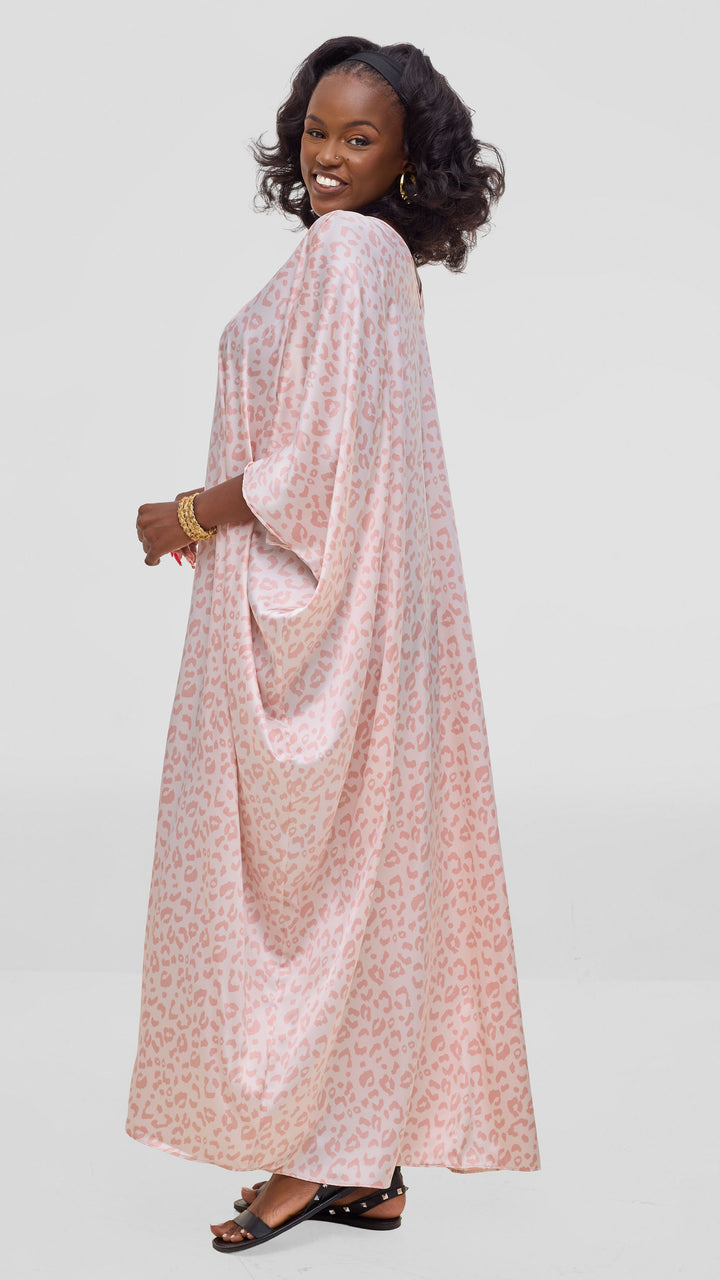 Vivo Keza V Neck Maxi Kaftan In Satin - Coral / Pink Print