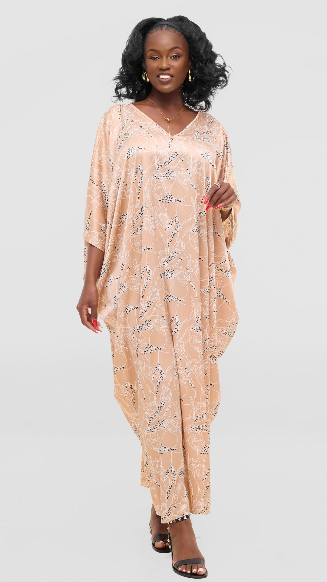Vivo Keza V Neck Maxi Kaftan In Satin - Cream / White Print