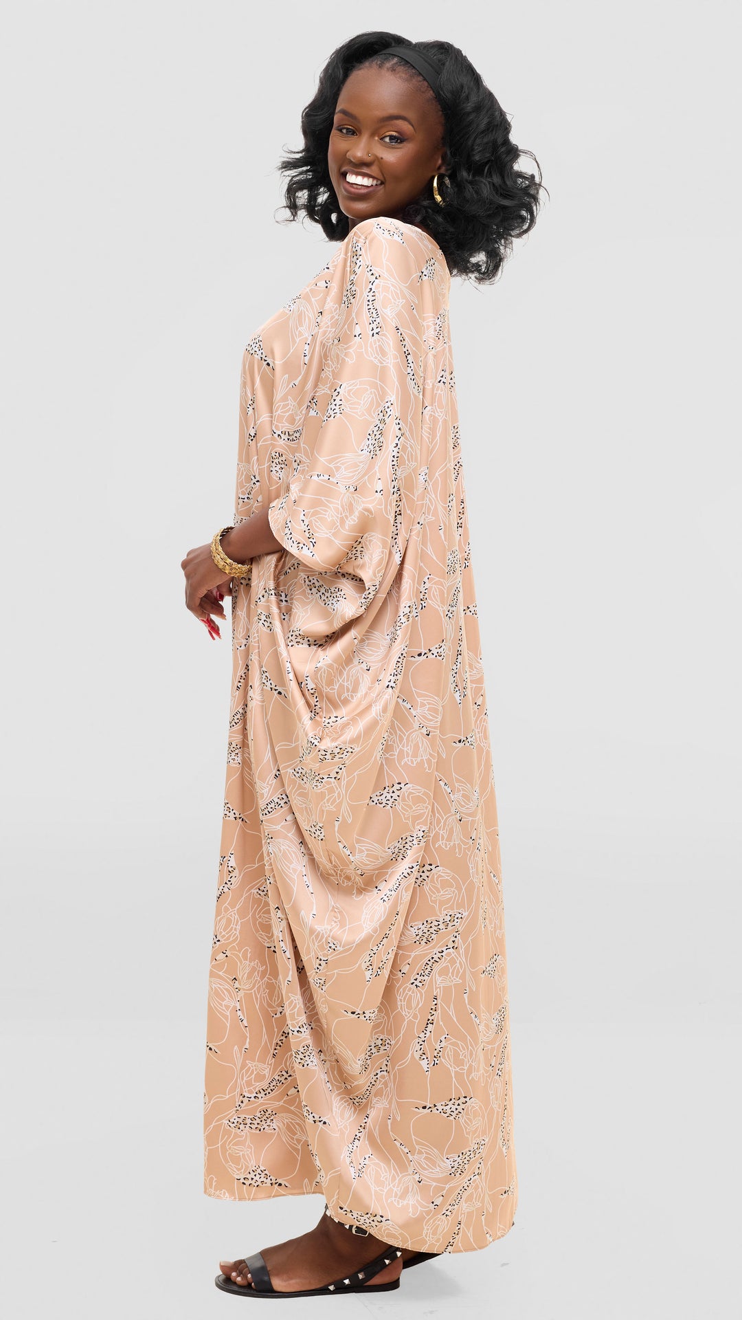 Vivo Keza V Neck Maxi Kaftan In Satin - Cream / White Print
