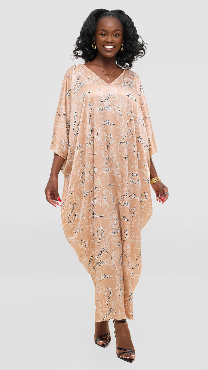 Vivo Keza V Neck Maxi Kaftan In Satin - Cream / White Print