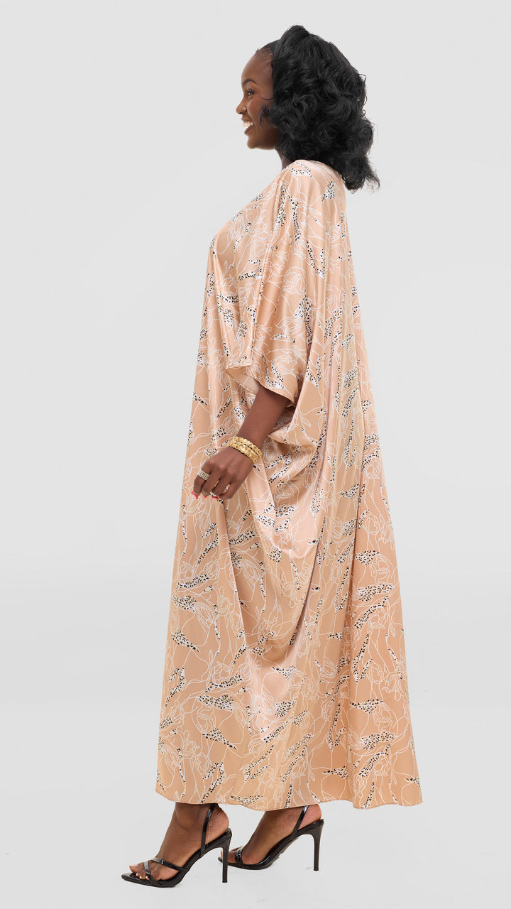 Vivo Keza V Neck Maxi Kaftan In Satin - Cream / White Print
