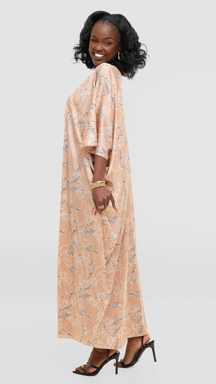 Vivo Keza V Neck Maxi Kaftan In Satin - Cream / White Print