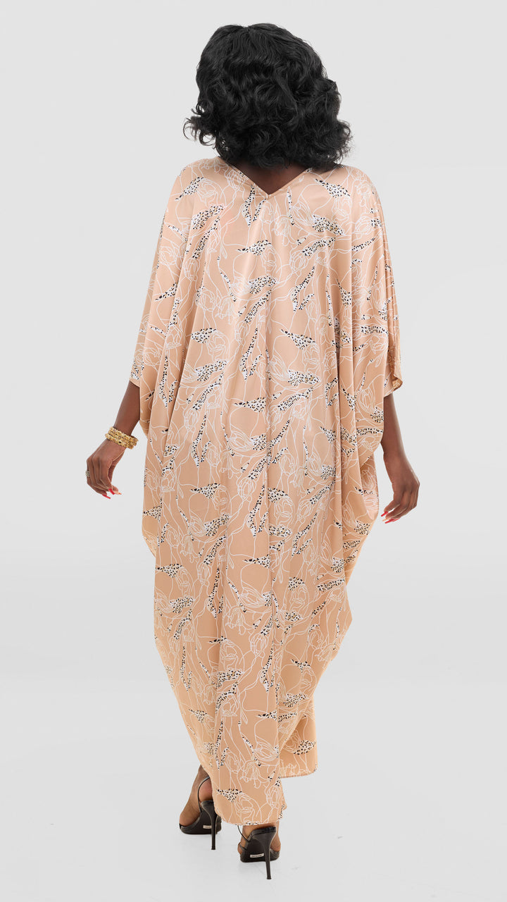Vivo Keza V Neck Maxi Kaftan In Satin - Cream / White Print