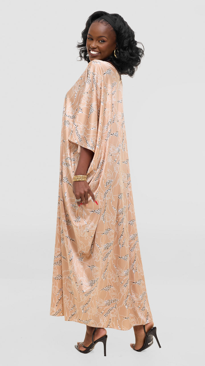 Vivo Keza V Neck Maxi Kaftan In Satin - Cream / White Print