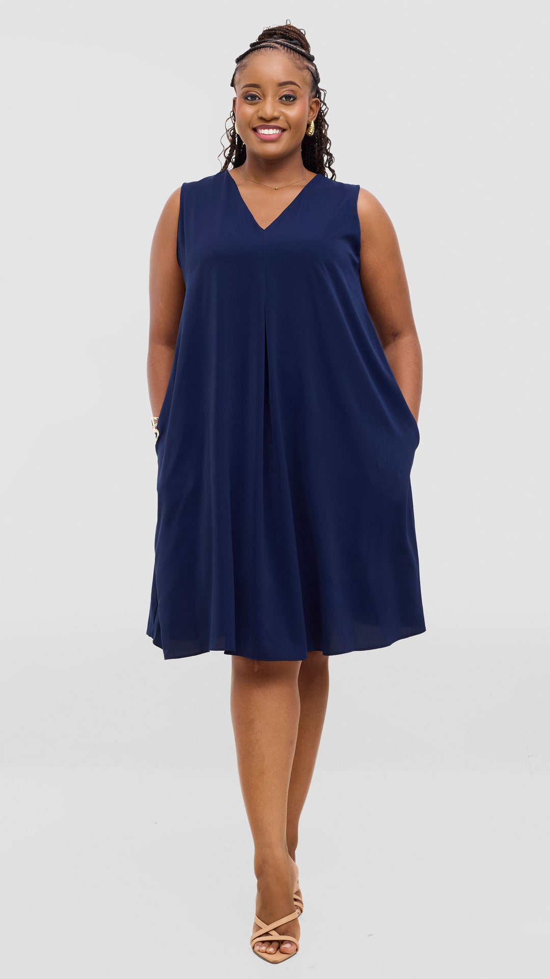 Vivo Ava Front Pleat Knee Length Dress In Crepe - Navy