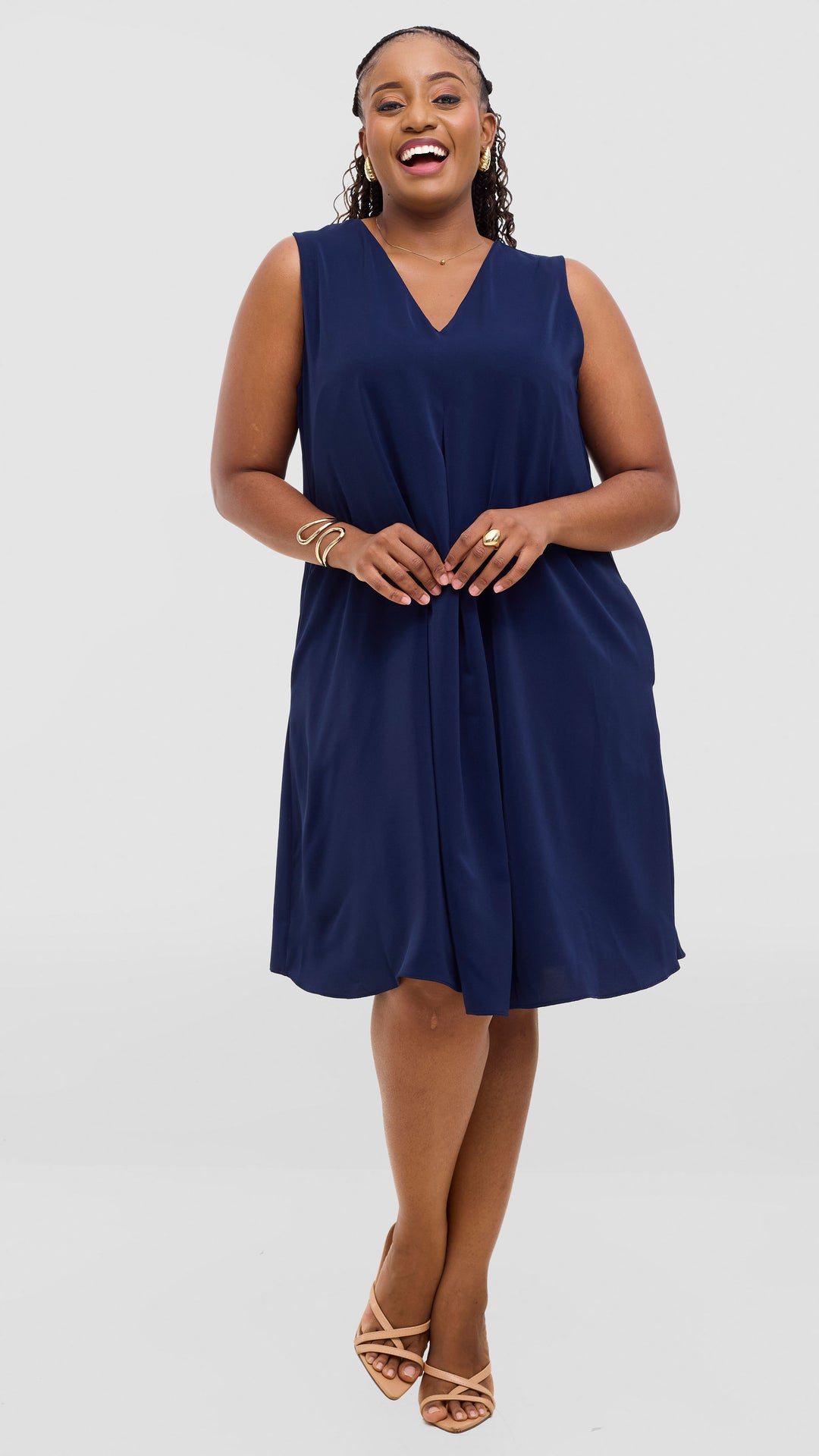 Vivo Ava Front Pleat Knee Length Dress In Crepe - Navy