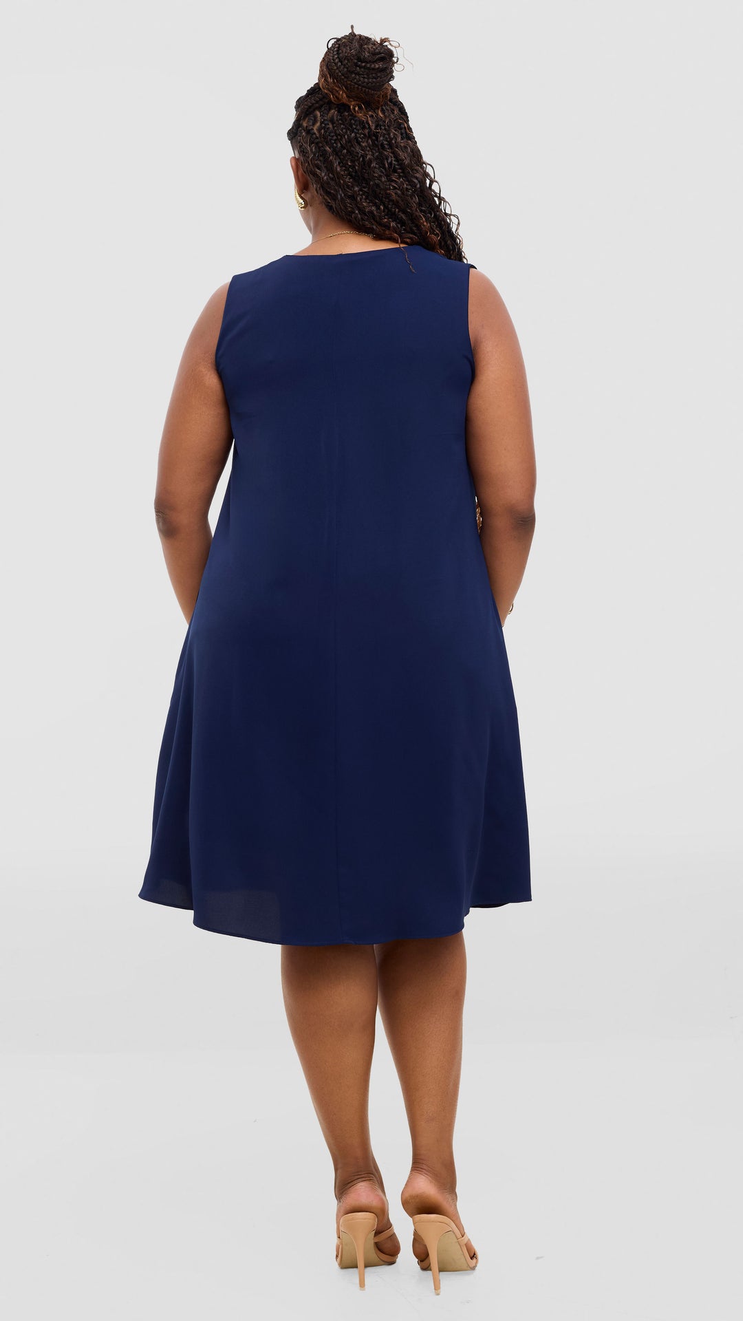 Vivo Ava Front Pleat Knee Length Dress In Crepe - Navy