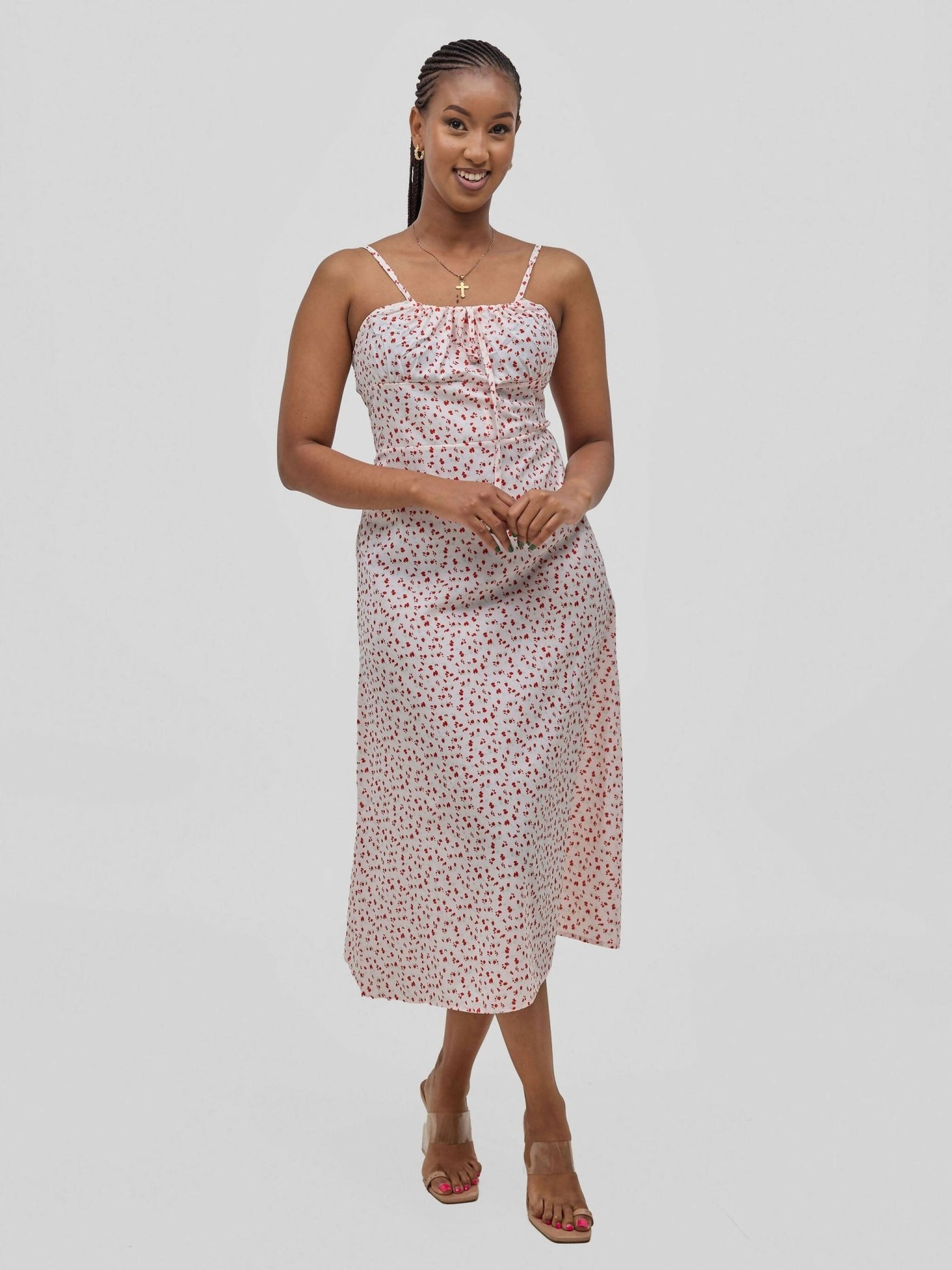 Hessed Flower Print Midi Sleeveless Dress - White - Shopzetu