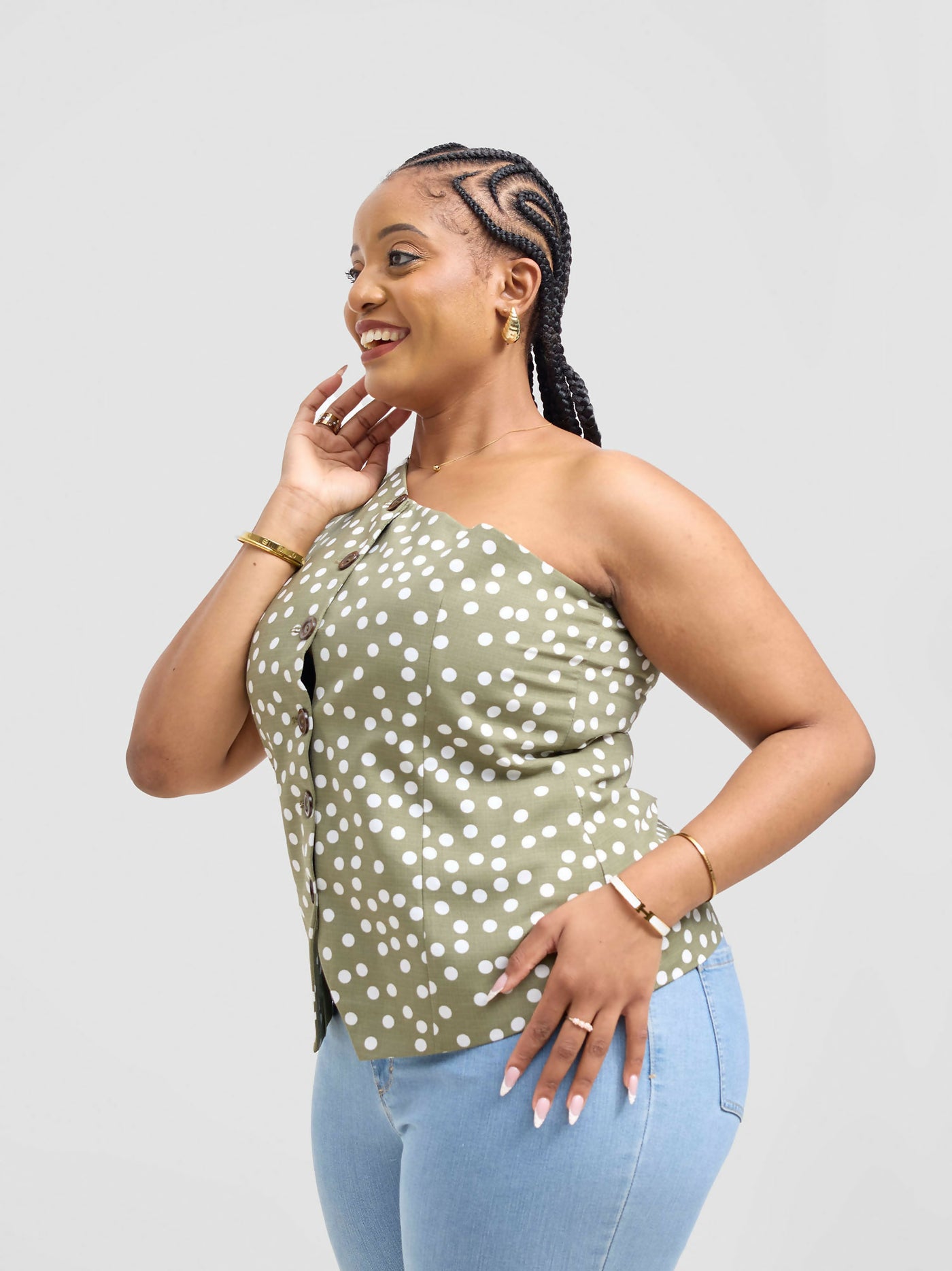 Pure Buxom Polka One Shoulder Vest Top - Green - Shopzetu