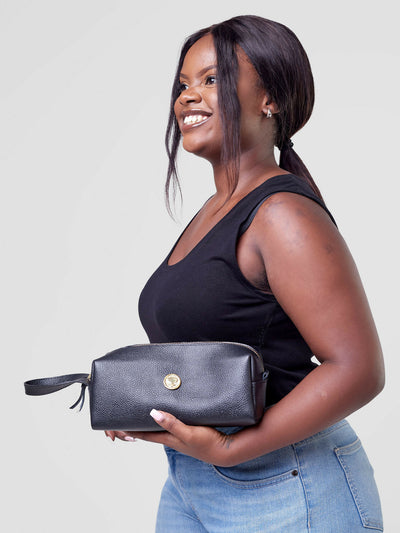 Eden Leather Toiletry Bag - Black Hippo Print